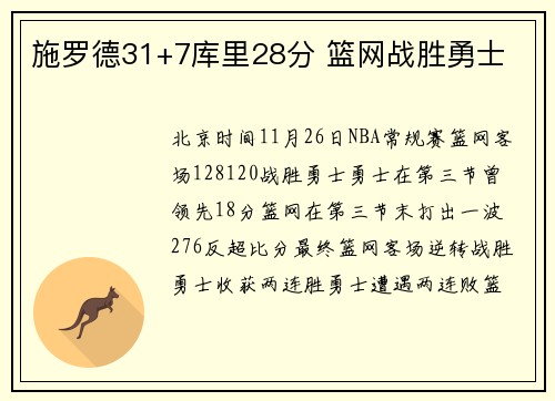 施罗德31+7库里28分 篮网战胜勇士
